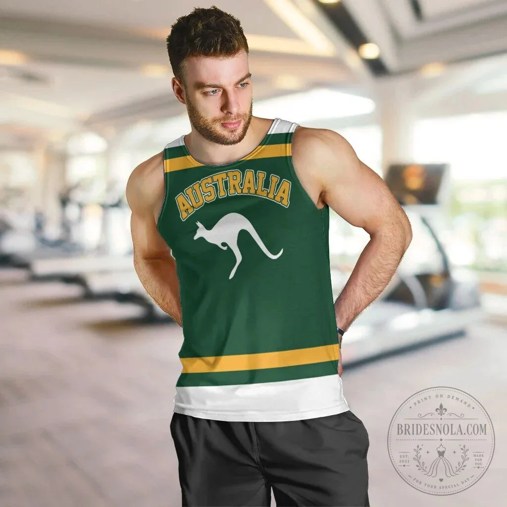 Australia National Team Green and Gold Kangaroo Design Men's Tank Top