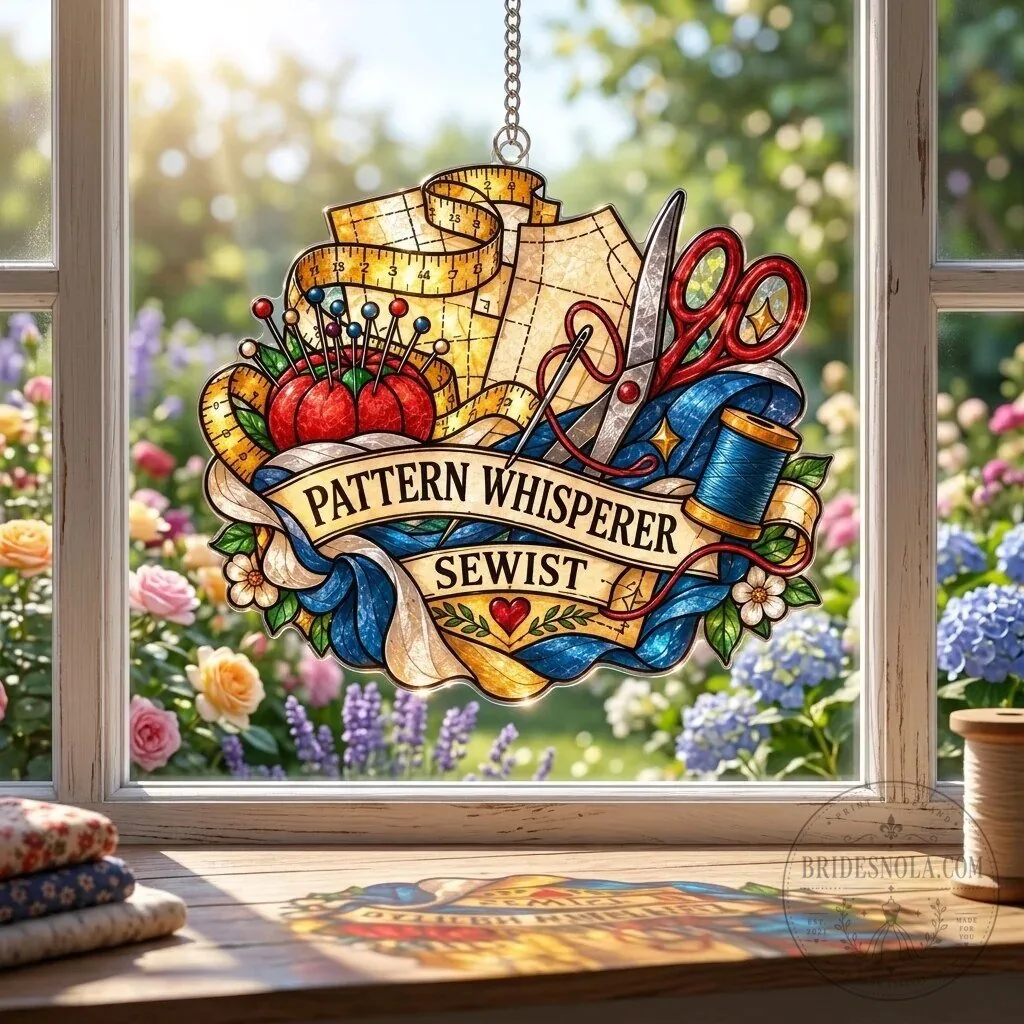 Pattern Whisperer Sewist Stained Glass Suncatcher - Sewing Room Window Decor