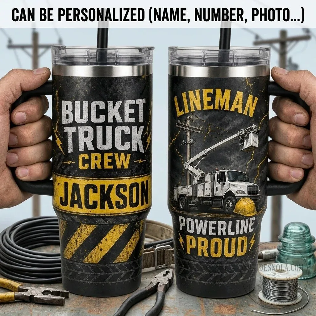 Personalized Lineman Bucket Truck Crew Powerline Proud 40oz Tumbler with Handle