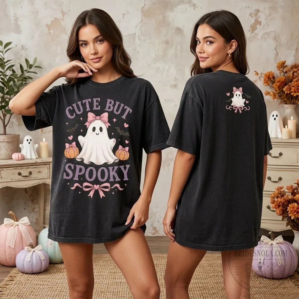Cute But Spooky Ghost Pink Bow Halloween Women's T-Shirt