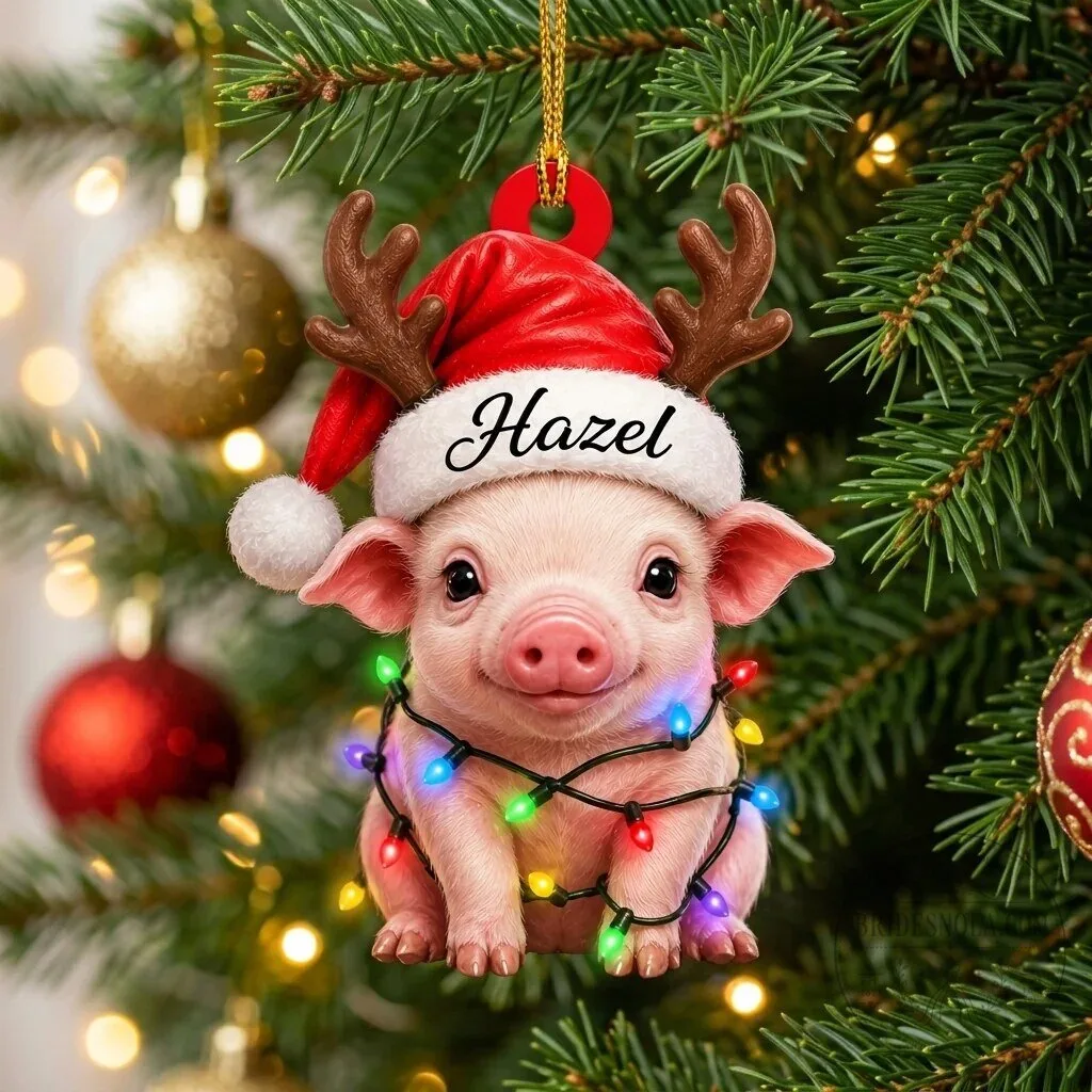 Personalized Cute Pig Wearing Reindeer Antlers Christmas Tree Ornament