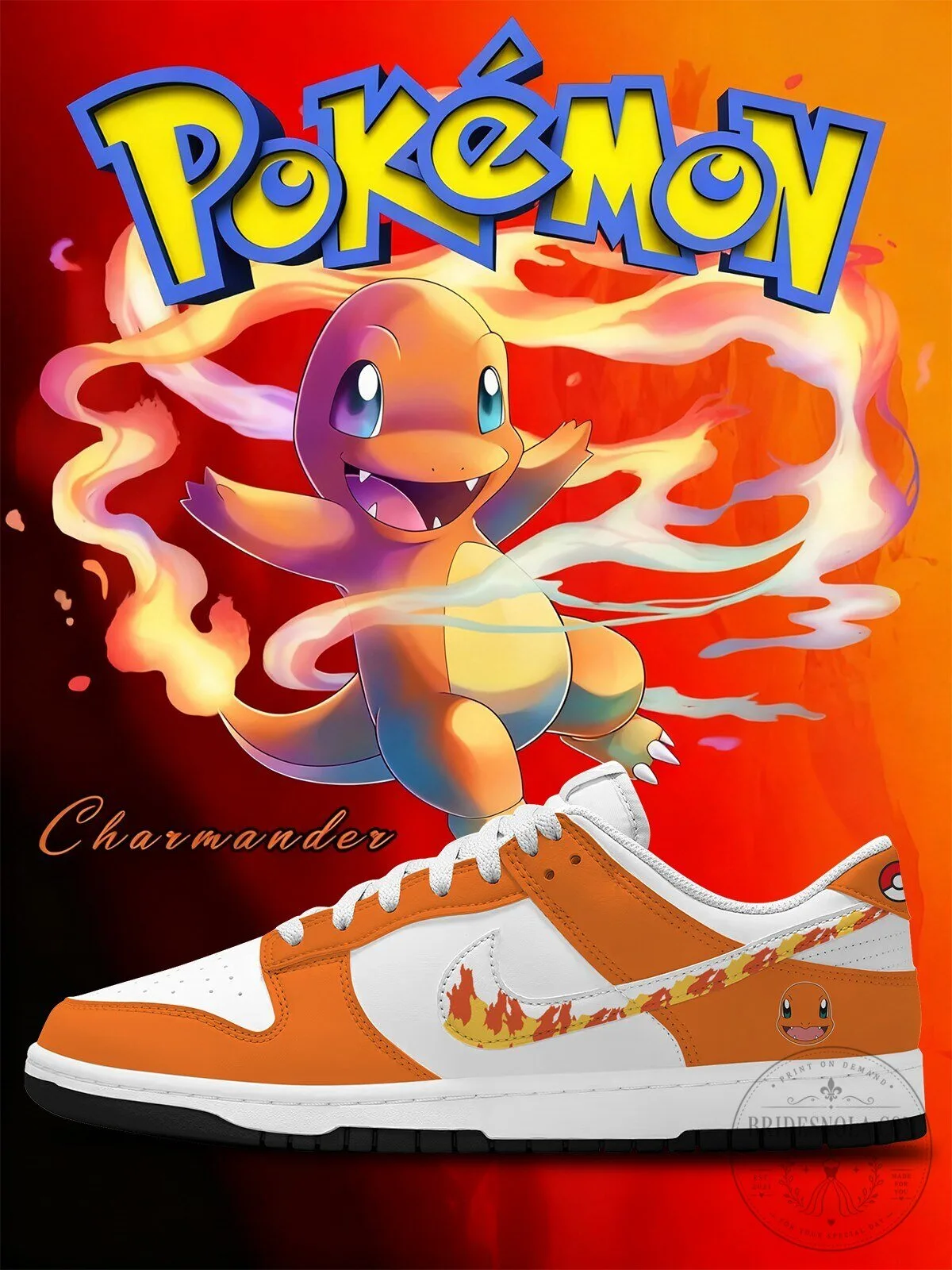 Pokemon Charmander Fire Design Low Top Sneakers for Men and Women